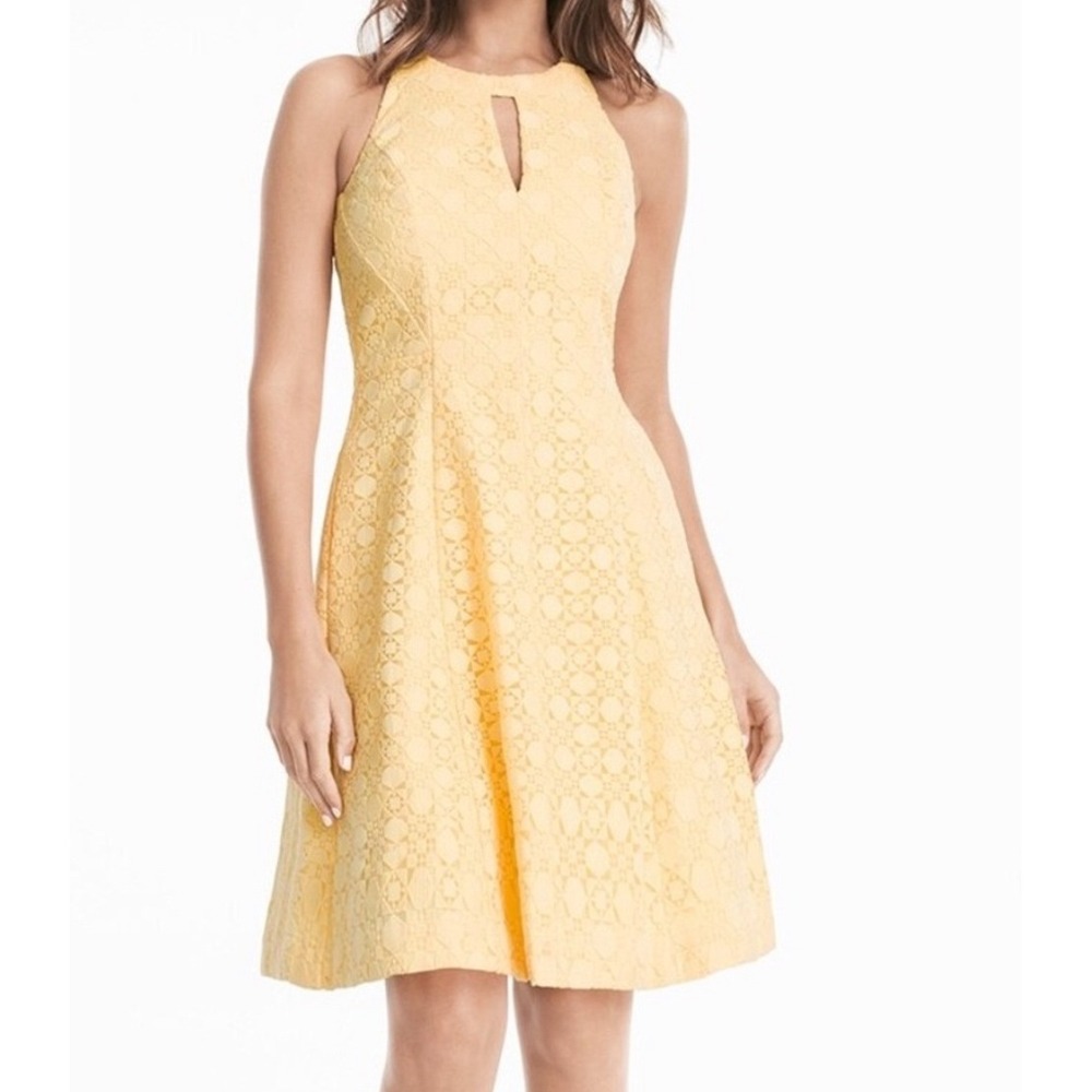 White House Black Market Canary Yellow Lace Halter A-Line Dress Size 12 NWT